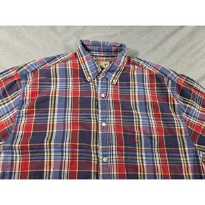 Eddie Bauer Button Up Short Sleeve Shirt Plaid Red Blue Mens Large Casual Preppy